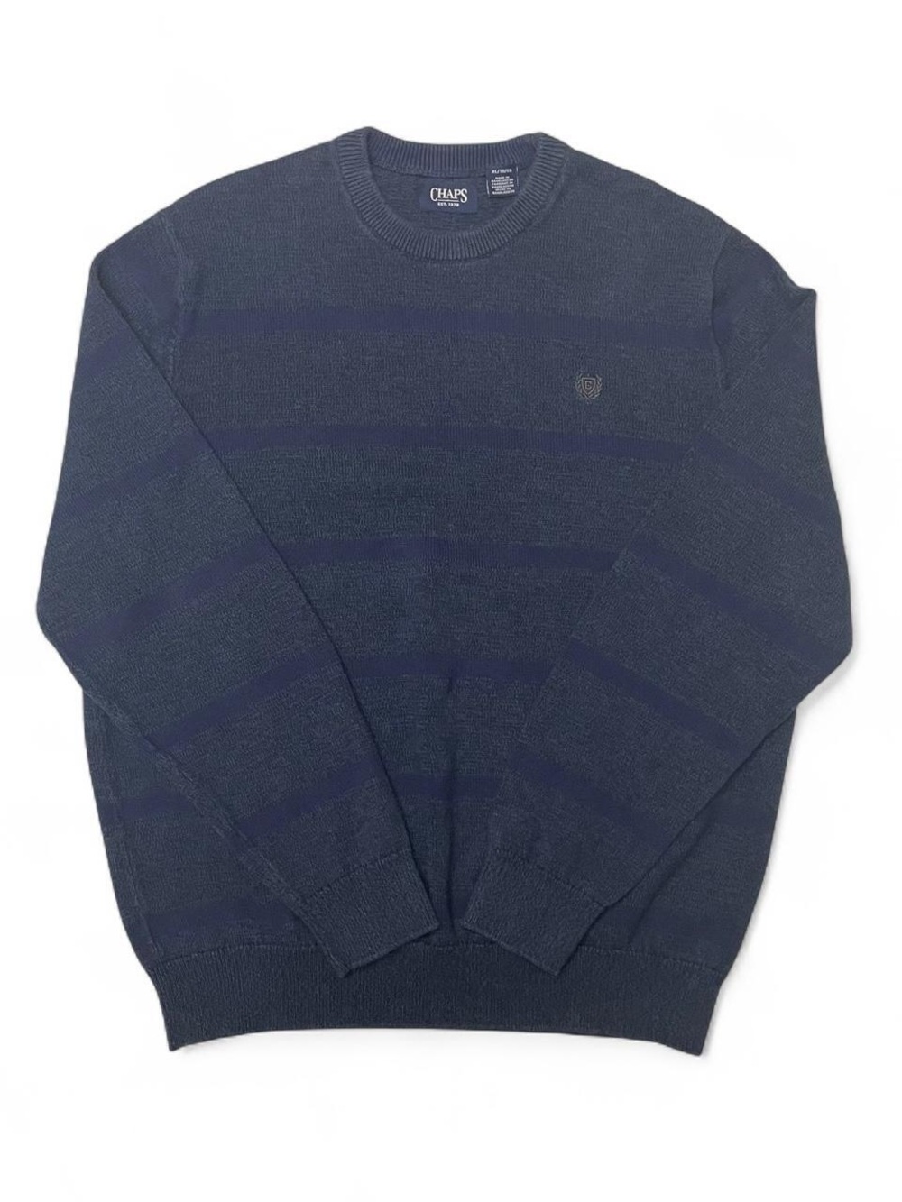Chaps Men's XL Navy & Blue Striped Knit Sweater Fisherman Crewneck Preppy